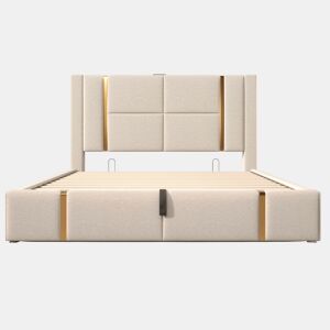 Cama com gavetão 180x200 cm estofada em tecido de linho - com LED e função de carregamento - com estrado de ripas - Bege