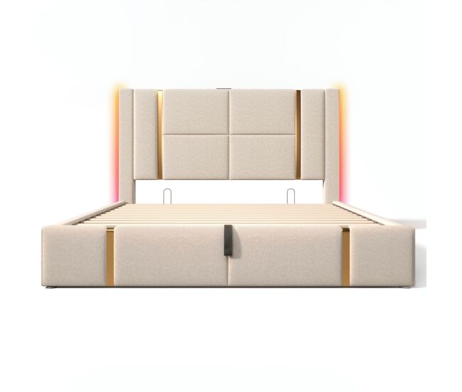 Cama baúl 180x200 cm tapizada en tela de lino - con led y función de carga - con somier de láminas - beige