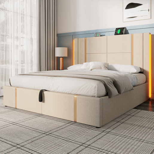 Cama com gavetão 180x200 cm estofada em tecido de linho - com LED e função de carregamento - com estrado de ripas - Bege