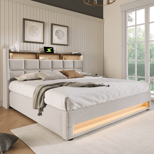 Cama para arrumação de roupa de cama 140x200 cm com LED e portas USB - estrado - bege