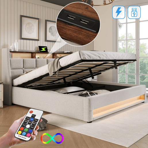 Cama para arrumação de roupa de cama 140x200 cm com LED e portas USB - estrado - bege