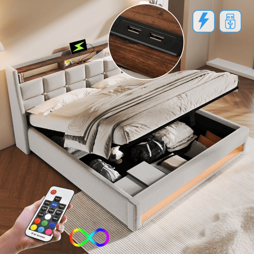 Cama para arrumação de roupa de cama 160x200 cm com LED e portas USB - estrado - bege