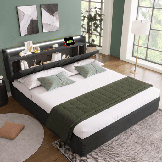 Cama contentor 140x200cm - com LED e portas de carga - tecido de linho - Cinzento
