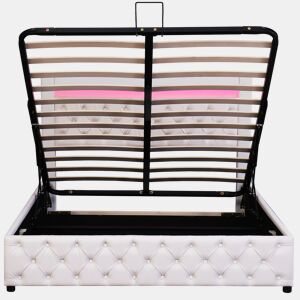 Cama contentora estofada em pele com LED - 140x200cm - com estrado de ripas - Branco
