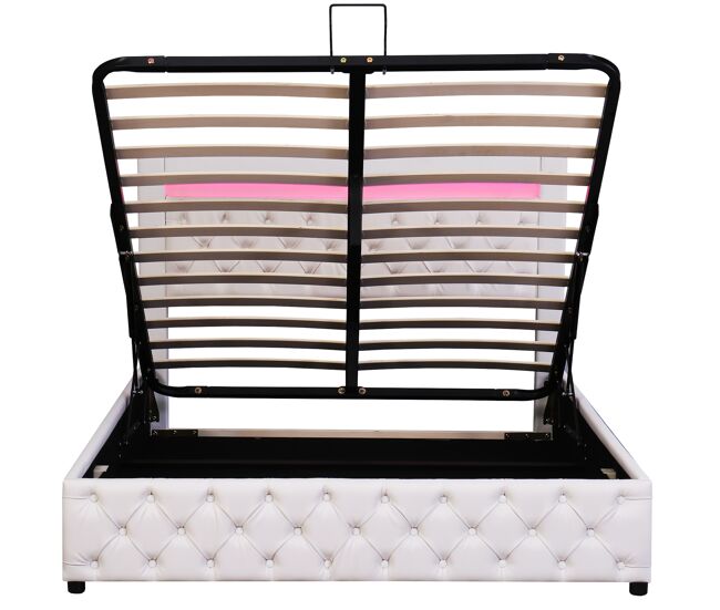 Cama contenedor tapizada en símil piel con led - 140x200cm - con somier de láminas - blanco