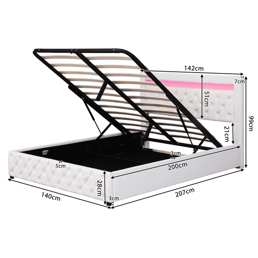 Cama contentora estofada em pele com LED - 140x200cm - com estrado de ripas - Branco
