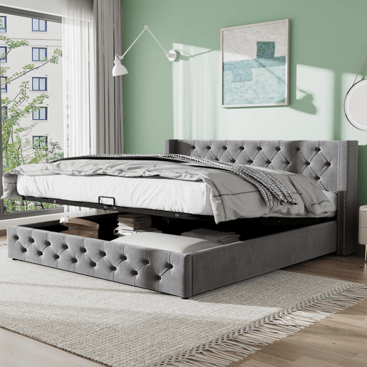 Cama contentora de veludo com estrado de ripas 160x200 cm - Cinzento Cama contentora de veludo com estrado de ripas 160x200 cm - Cinzento