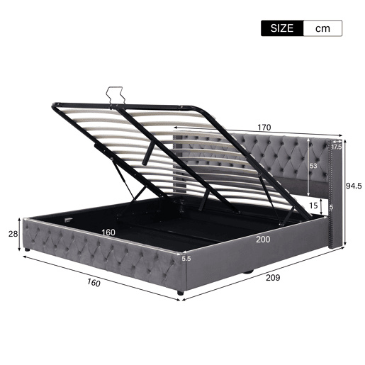Cama contentora de veludo com estrado de ripas 160x200 cm - Cinzento Cama contentora de veludo com estrado de ripas 160x200 cm - Cinzento