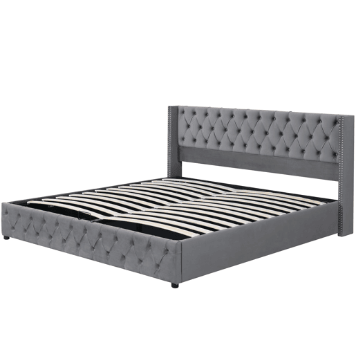 Cama contentora de veludo com estrado de ripas 160x200 cm - Cinzento Cama contentora de veludo com estrado de ripas 160x200 cm - Cinzento