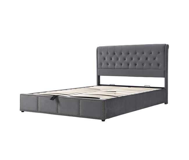 Cama contenedor tapizada en terciopelo - decorada con remaches - con somier de láminas - 180x200cm - gris