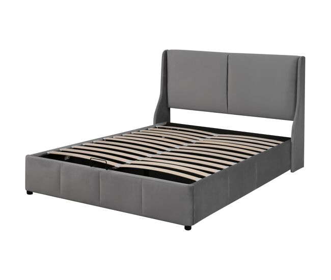 Cama contenedor acolchada 140x190cm en terciopelo - cama contenedor con somier de láminas - gris