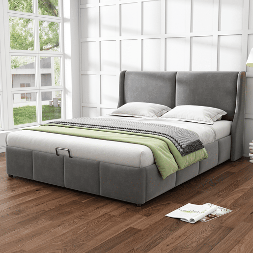 Cama de arrumação estofada em veludo 140x190cm - cama de arrumação com estrado de ripas - Cinzento