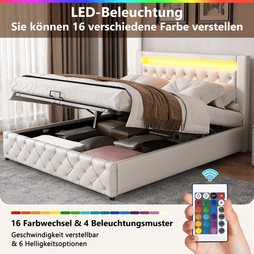 Cama contentora estofada em pele sintética com LED - 160x200 cm - com estrado - Branco