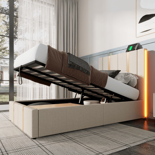 Cama de peito 90x200 cm estofada em tecido de linho - com LED e função de carregamento - com estrado de ripas - Bege