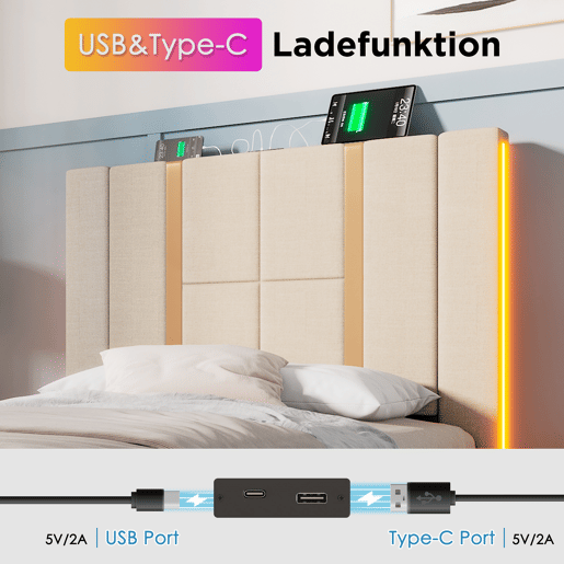 Cama de peito 90x200 cm estofada em tecido de linho - com LED e função de carregamento - com estrado de ripas - Bege