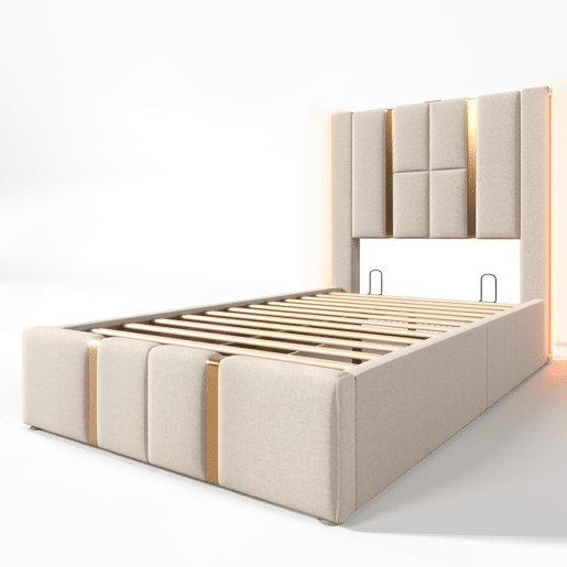 Cama de peito 90x200 cm estofada em tecido de linho - com LED e função de carregamento - com estrado de ripas - Bege