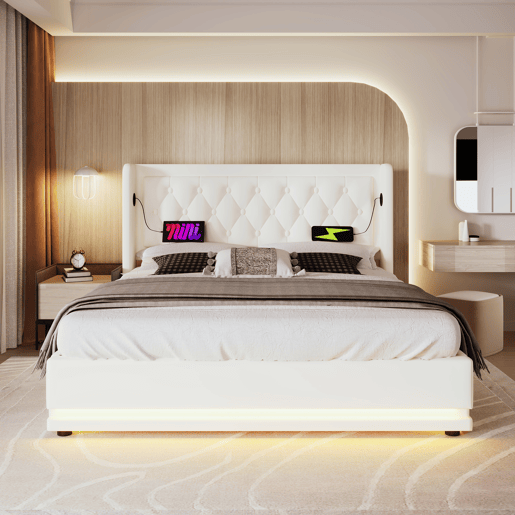 Cama contentora estofada 180 x 200 cm em imitação de pele - com função de carregamento e LED ao pé da cama - Branco