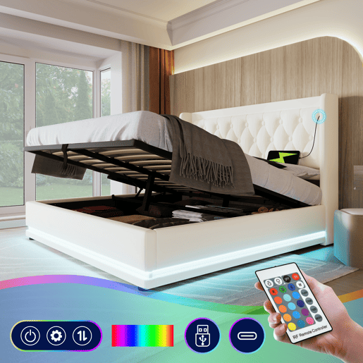 Cama contentora estofada 180 x 200 cm em imitação de pele - com função de carregamento e LED ao pé da cama - Branco
