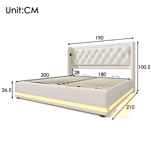 Cama contentora estofada 180 x 200 cm em imitação de pele - com função de carregamento e LED ao pé da cama - Branco