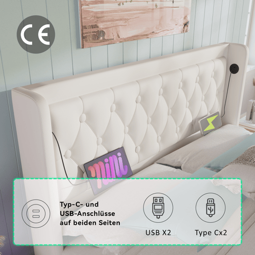 Cama contentora estofada 180 x 200 cm em imitação de pele - com função de carregamento e LED ao pé da cama - Branco