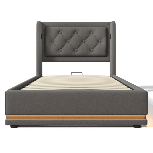 Cama contentora estofada de 90 x 200 cm em tecido de algodão - com função de carga e LED ao pé da cama - Cinzento