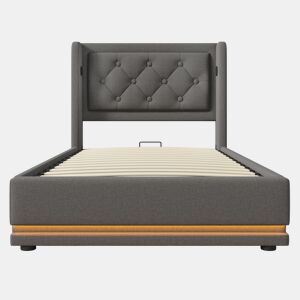 Cama contentora estofada de 90 x 200 cm em tecido de algodão - com função de carga e LED ao pé da cama - Cinzento