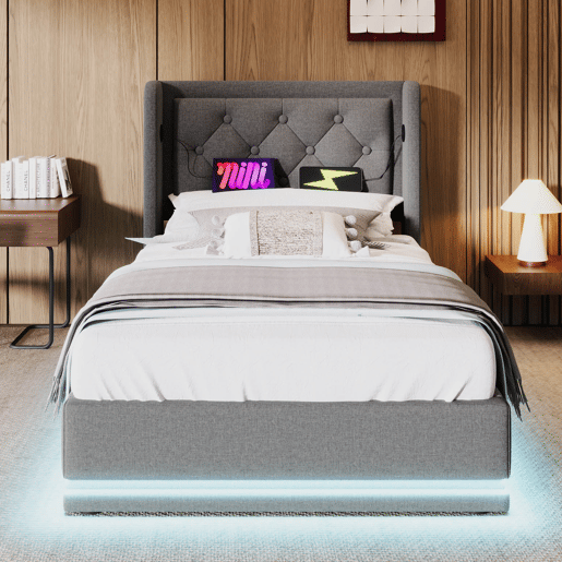 Cama contentora estofada de 90 x 200 cm em tecido de algodão - com função de carga e LED ao pé da cama - Cinzento