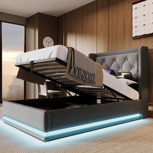 Cama contentora estofada de 90 x 200 cm em tecido de algodão - com função de carga e LED ao pé da cama - Cinzento