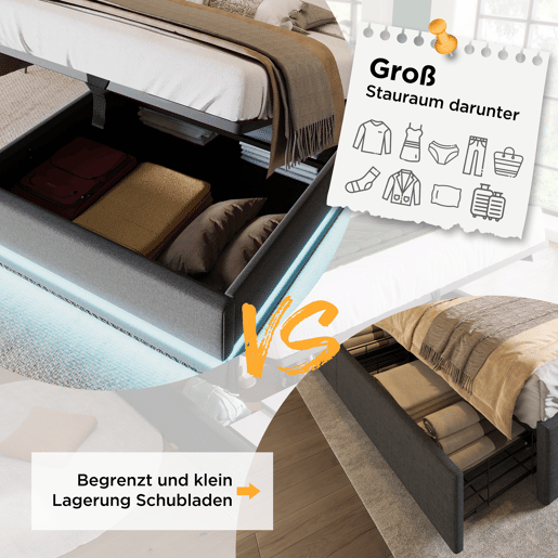 Cama contentora estofada de 90 x 200 cm em tecido de algodão - com função de carga e LED ao pé da cama - Cinzento