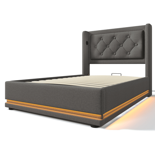 Cama contentora estofada de 90 x 200 cm em tecido de algodão - com função de carga e LED ao pé da cama - Cinzento