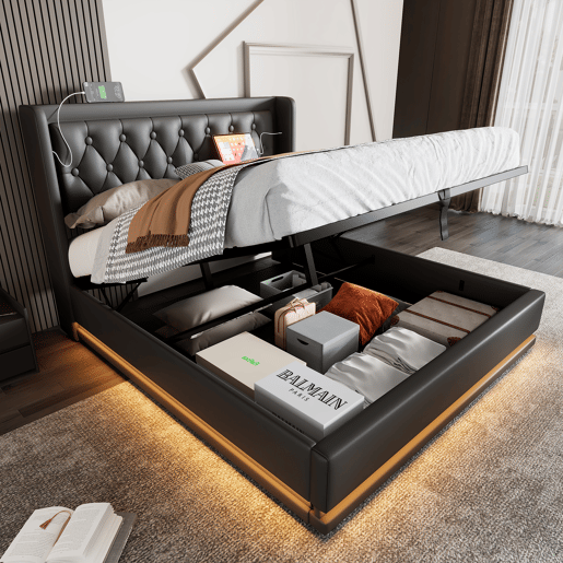 Cama contentora estofada 180 x 200 cm em imitação de pele - com função de carregamento e LED ao pé da cama - Preto