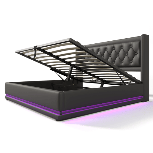 Cama contentora estofada 180 x 200 cm em imitação de pele - com função de carregamento e LED ao pé da cama - Preto
