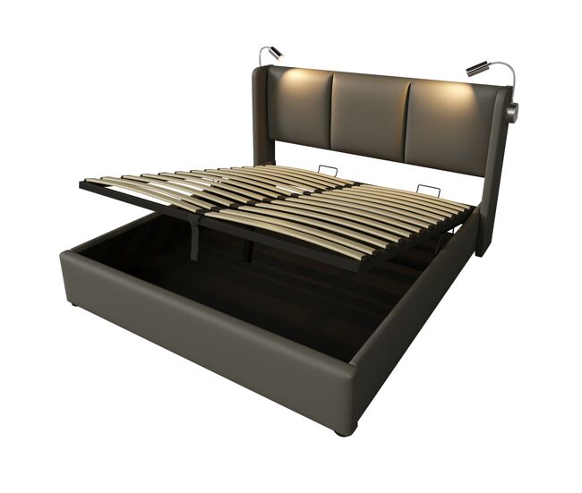 Cama contenedor de piel sintética de 140x200 cm - con luces de lectura y puertos de carga usb - con somier - gris