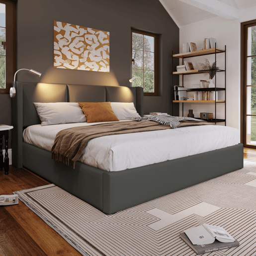 Cama contentora em pele sintética de 140x200 cm - com luzes de leitura e portas de carregamento USB - com estrado de molas - Cinzento
