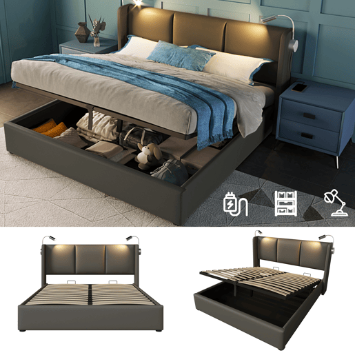 Cama contentora em pele sintética de 140x200 cm - com luzes de leitura e portas de carregamento USB - com estrado de molas - Cinzento