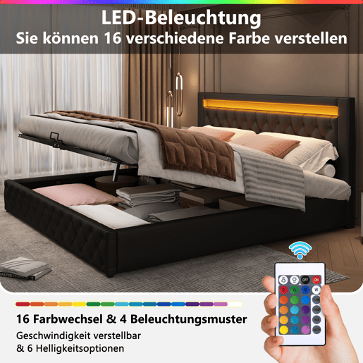 Cama contentora estofada em pele sintética com LED - 140x200 cm - com estrado - Preto