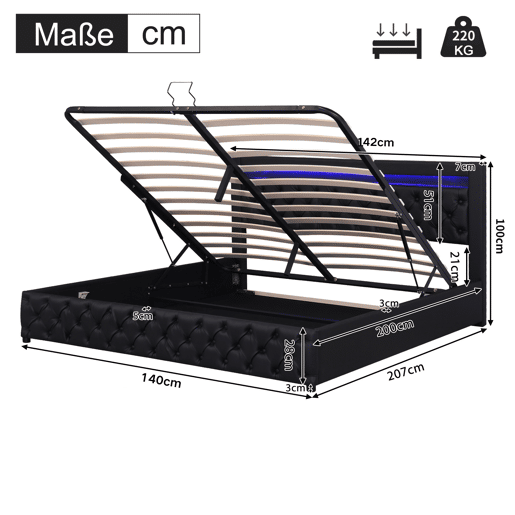 Cama contentora estofada em pele sintética com LED - 140x200 cm - com estrado - Preto