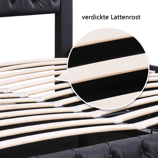 Cama contentora estofada em pele sintética com LED - 140x200 cm - com estrado - Preto