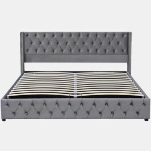 Cama contentora de veludo com estrado de ripas 180x200 cm - Cinzento