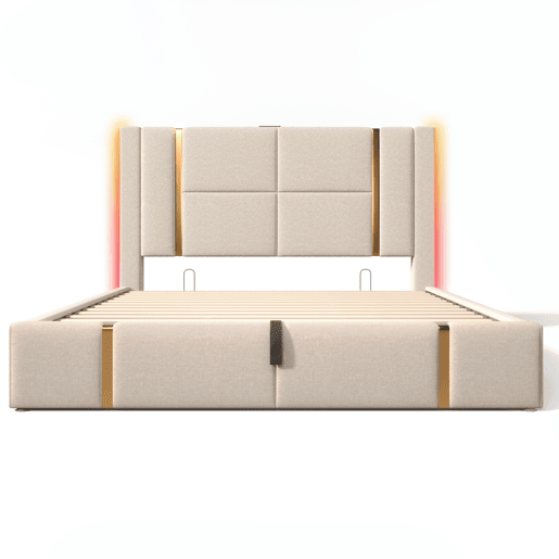 Cama com gavetão 140x200 cm estofada em tecido de linho - com LED e função de carregamento - com estrado de ripas - Bege Cama com gavetão 140x200 cm estofada em tecido de linho - com LED e função de carregamento - com estrado de ripas - Bege