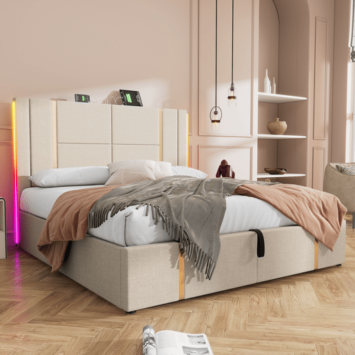 Cama com gavetão 140x200 cm estofada em tecido de linho - com LED e função de carregamento - com estrado de ripas - Bege Cama com gavetão 140x200 cm estofada em tecido de linho - com LED e função de carregamento - com estrado de ripas - Bege