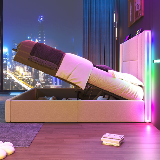 Cama com gavetão 140x200 cm estofada em tecido de linho - com LED e função de carregamento - com estrado de ripas - Bege Cama com gavetão 140x200 cm estofada em tecido de linho - com LED e função de carregamento - com estrado de ripas - Bege