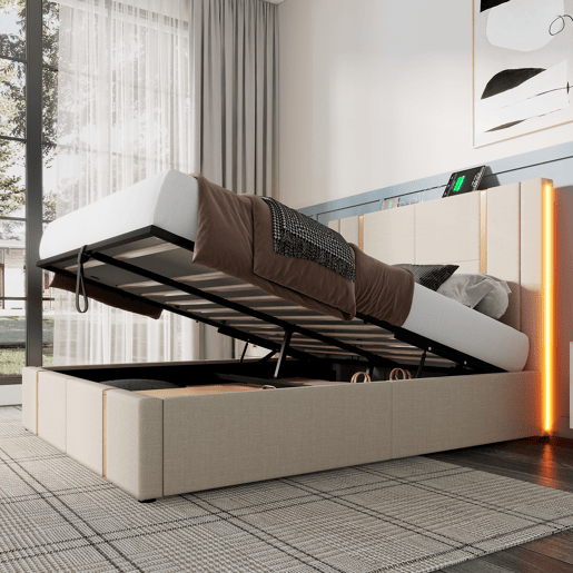 Cama com gavetão 140x200 cm estofada em tecido de linho - com LED e função de carregamento - com estrado de ripas - Bege Cama com gavetão 140x200 cm estofada em tecido de linho - com LED e função de carregamento - com estrado de ripas - Bege