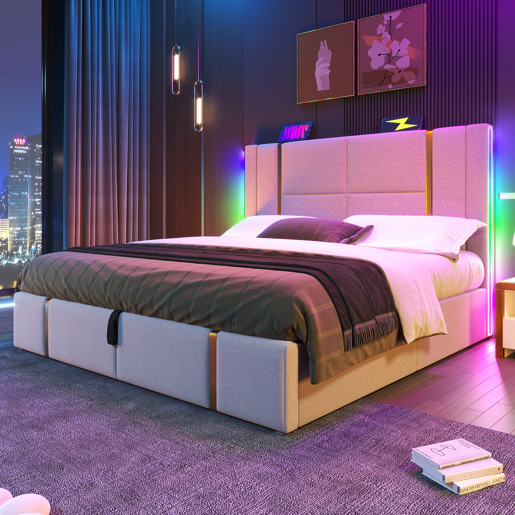 Cama com gavetão 140x200 cm estofada em tecido de linho - com LED e função de carregamento - com estrado de ripas - Bege Cama com gavetão 140x200 cm estofada em tecido de linho - com LED e função de carregamento - com estrado de ripas - Bege