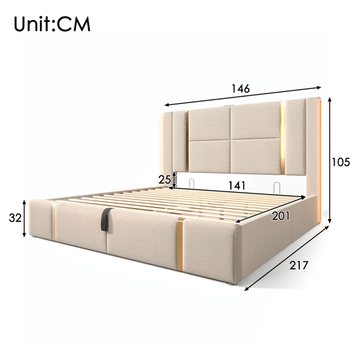 Cama com gavetão 140x200 cm estofada em tecido de linho - com LED e função de carregamento - com estrado de ripas - Bege Cama com gavetão 140x200 cm estofada em tecido de linho - com LED e função de carregamento - com estrado de ripas - Bege