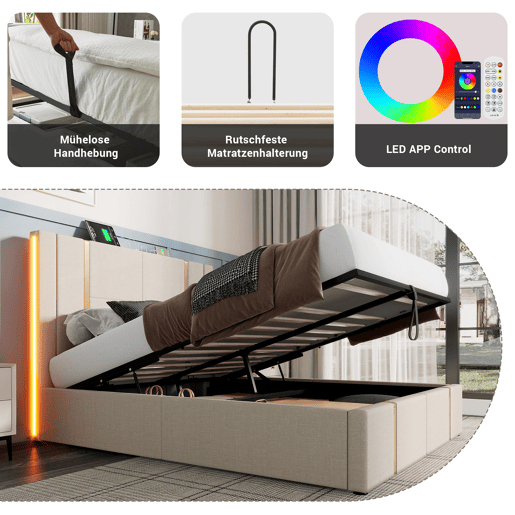 Cama com gavetão 140x200 cm estofada em tecido de linho - com LED e função de carregamento - com estrado de ripas - Bege Cama com gavetão 140x200 cm estofada em tecido de linho - com LED e função de carregamento - com estrado de ripas - Bege