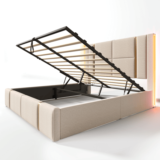 Cama com gavetão 140x200 cm estofada em tecido de linho - com LED e função de carregamento - com estrado de ripas - Bege Cama com gavetão 140x200 cm estofada em tecido de linho - com LED e função de carregamento - com estrado de ripas - Bege