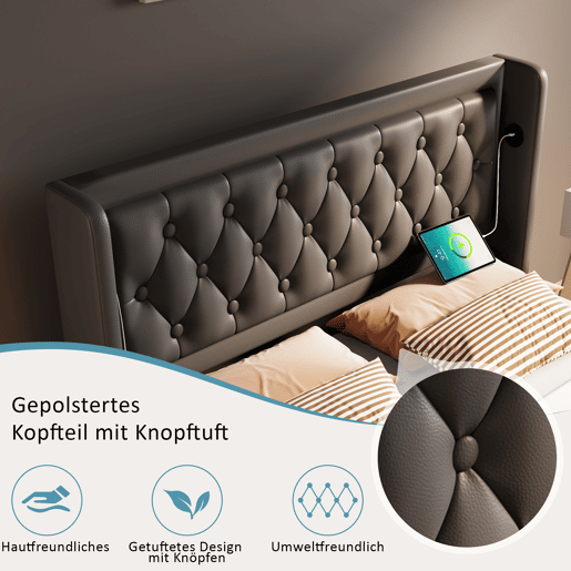 Cama contentora estofada 160 x 200 cm em imitação de pele - com função de carregamento e LED ao pé da cama - Preto