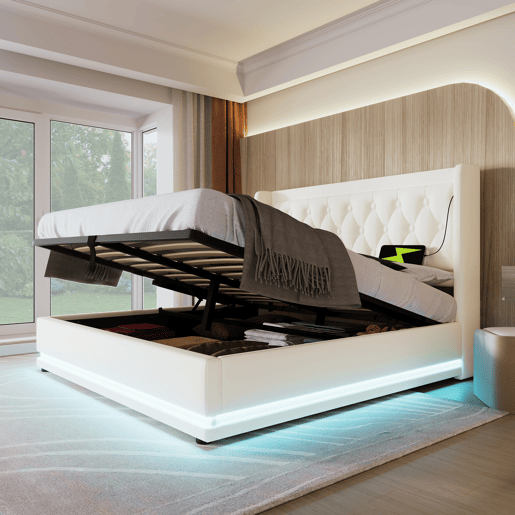 Cama contentora estofada de 140 x 200 cm em imitação de pele - com função de carregamento e LED ao pé da cama - Branco