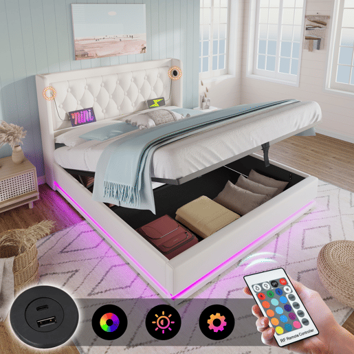 Cama contentora estofada de 140 x 200 cm em imitação de pele - com função de carregamento e LED ao pé da cama - Branco